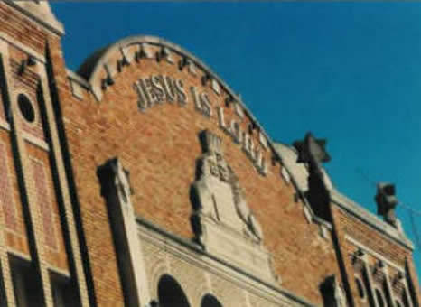 Historic Mikro Kodesh Synagogue 'Lions of Judah' and 'Jesus Is Lord' on the front of the building signifying the old and the new church.