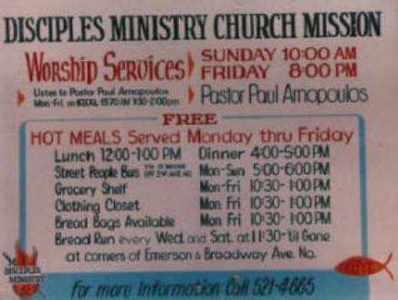 Disciples Ministry Church historic sign listing all available programs that includes the Radio Ministry.