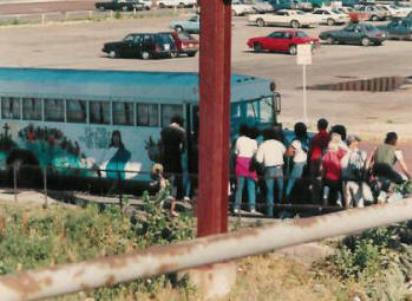 People line up for meals at the Hobo Bus.